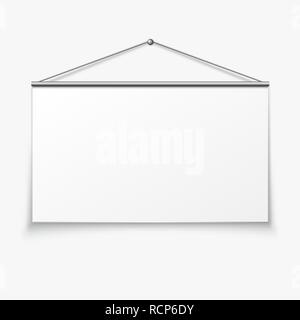 Hanging empty billboard or banner. Vector illustration. Blank board hanging on the white wall. Stock Vector