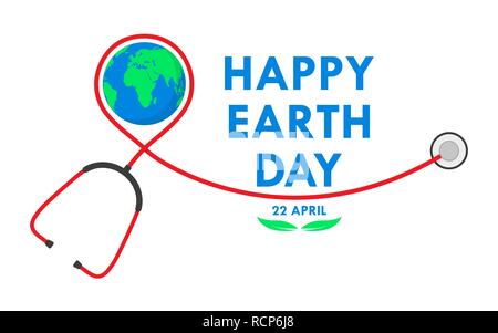 Happy Earth Day background with stethoscope in flat design. Vector illustration. Happy Earth Day, ecology concept. Stock Vector
