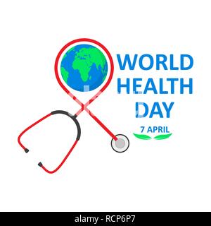 World Health Day poster with stethoscope in flat design. Vector illustration. Globe sign and stethoscope, ecology concept, Stock Vector