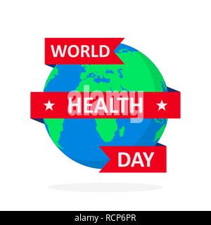 World Health Day poster with globe and ribbon in flat design. Vector illustration. Earth globe with red ribbon, ecology concept, Stock Vector