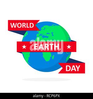 World Earth Day poster with globe and ribbon in flat design. Vector illustration. Earth globe with red ribbon, ecology concept Stock Vector