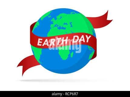 World Earth Day poster with globe and ribbon in flat design. Vector illustration. Earth globe with red ribbon, ecology concept Stock Vector