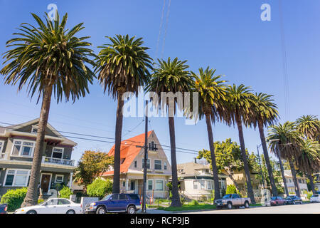 Old houses and palm trees on a street in downtown San Jose, California Stock Photo