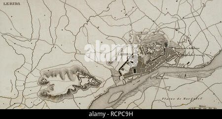 Napoleonic map. City of Lleida (Catalonia, Spain). During The Peninsular War (Napoleonic Wars) the city of Lerida was besieged on 13 May, 1810 by the French army. French victory. Atlas de l'Histoire du Consulat et de l'Empire. History of the Consulate and the Empire of France under Napoleon by Marie Joseph Louis Adolphe Thiers (1797-1877). Drawings by Dufour, engravings by Dyonnet. Edited in Paris, 1864. Stock Photo