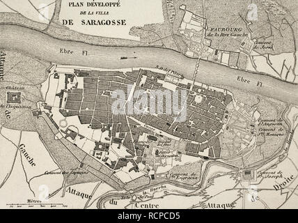 Napoleonic map.City of Saragossa, Aragon, Spain. Edited in 1864. During the War of Spanish Independence, the city suffered two sieges, 1808 and 1809. Atlas de l'Histoire du Consulat et de l'Empire. History of the Consulate and the Empire of France under Napoleon by Marie Joseph Louis Adolphe Thiers (1797-1877). Drawings by Dufour, engravings by Dyonnet. Edited in Paris, 1864. Stock Photo