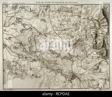 Napoleonic map. Battlefield of Bautzen (20-21 May 1813). A combined Russian-Prussian army was pushed back by Napoleon I. French victory. Atlas de l'Histoire du Consulat et de l'Empire. History of the Consulate and the Empire of France under Napoleon by Marie Joseph Louis Adolphe Thiers (1797-1877). Drawings by Dufour, engravings by Dyonnet. Edited in Paris, 1864. Stock Photo