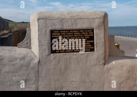 Memorial stone on the Heugh Headland, commemorating the first bombardment by a German battleship in the 1914-1918 war, Hartlepool, County Durham. Stock Photo