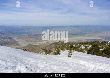 View towards a field of wind turbines in north Palm Springs, Coachella Valley, from Mount San Jacinto State Park, California Stock Photo