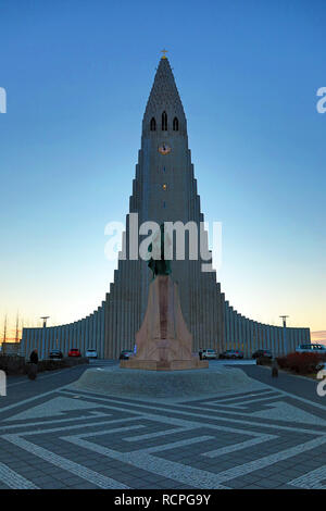 Hallgrimskirkja church at sunrise in Reykjavik, Iceland Stock Photo