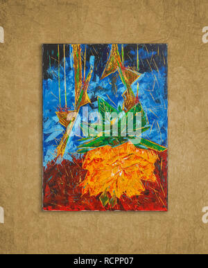 Broken rose, colorful original oil painting by Attila Hajnal, hanging on wall Stock Photo