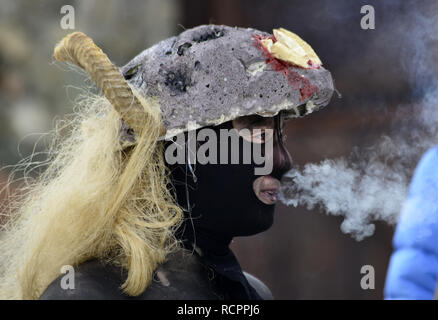 VEVCANI, MACEDONIA - 13 JANUARY , 2019: General atomosphere with dressed up participants at an annual Vevcani Carnival, in southwestern Macedonia,imag Stock Photo