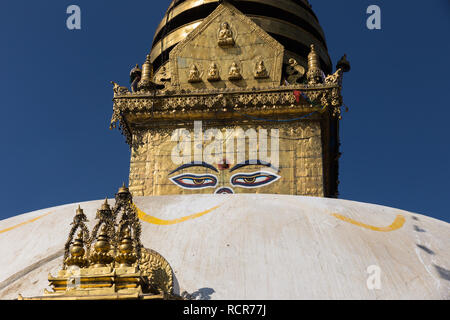 Eyes of the Buddha on the Boudhanath stupa in Kathmandu. Stock Photo