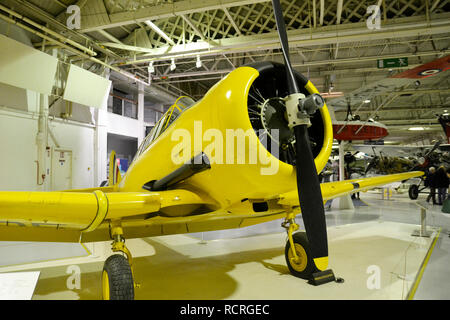 The North American Harvard Advanced Trainer WWII Military Aircraft on display at the RAF Museum, London, UK. Used by British Forces to train pilots. Stock Photo