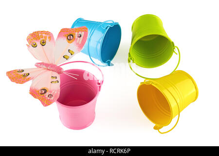 Four small colorful buckets and butterfly. Isolated on white background ...