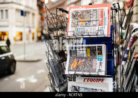 PARIS, FRANCE - OCT 28, 2017: Details of  Liberation French newspaper with news from Spain about the Catalonia Referendum and protests in Barcelona - kiosk stand in city  Stock Photo