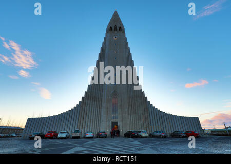 Hallgrimskirkja church at sunrise in Reykjavik, Iceland Stock Photo