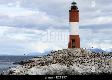 'Les éclaireurs' lighthouse in the Beagle Channel in Ushuaia, often mistaken for The Lighthouse at the End of the World, houses a colony Cormorants Stock Photo