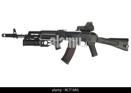 modern kalashnikov AK 74M assault rifle with holographic weapon sight and underbarrel grenade launcher isolated on white Stock Photo