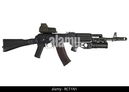 modern kalashnikov AK 74M assault rifle with holographic weapon sight and underbarrel grenade launcher isolated on white Stock Photo