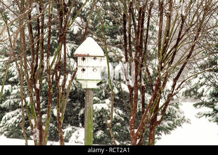 Garden after snowstorm including one with tall birdhouse and another with trellis and fence. Stock Photo
