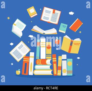 Close and open books in different positions. Knowledge, learning, education, relax and enjoy concept design. Vector illustration in flat style. Stock Vector