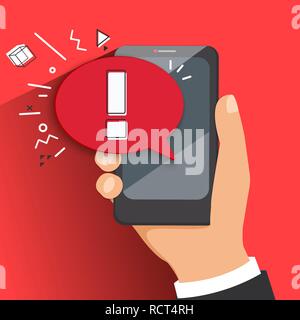 The concept of hazard or error notification in a mobile phone. Bubble with a message to be careful in the smartphone on a red background.Warning about spam, secure connection,fraud, a virus.Vector. Stock Vector