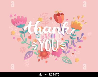 Thank You handwritten inscription with flowers. Vector illustration of hand drawn lettering. Stock Vector