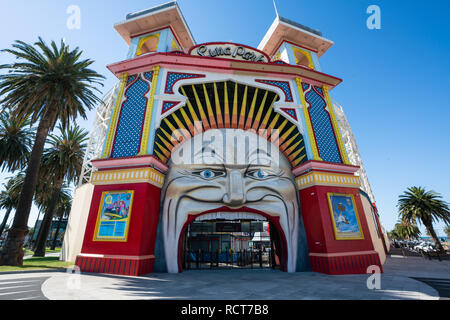 4th January 2019, Melbourne Australia : 1912 Mr Moon face entry of Luna Park an historic amusement park in St Kilda Melbourne Victoria Australia Stock Photo