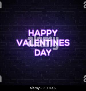Happy Valentines Day text. Street neon sign on dark blue brick wall. Valentine's card with glowing neon letters. 80s style vector illustration. Stock Vector