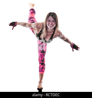 one caucasian woman exercising fitness boxing pilates piloxing exercises in studio isolated on white background Stock Photo