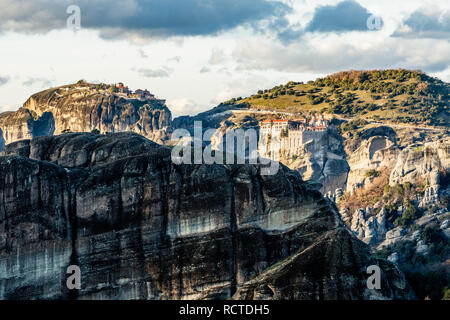 Varlaam and Grand Meteora monasteries, built on the rocks, mountain landscape, Meteors, Trikala, Thessaly, Greece Stock Photo