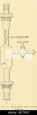 . Devices for use in fish hatcheries and aquaria. Fish culture; Aquariums. [from old catalog]. DEVICES FOR USE IN FISH HATCHERIES AND AQUARIA. 1033 and the siphon therefore is not feasible, the handle is removed from the cleaning apparatus and a pump attached. A small suction pump, such as used in gardens, is very suitable. If for any cause convenient, the apparatus may be left in the pond, for with the valve closed the suction can not act. OXYGENATION AND VACUUM-PRODUCING APPARATUS. This apparatus is in effect a section which may be introduced into a supply pipe, and consists of an exhaust ch Stock Photo