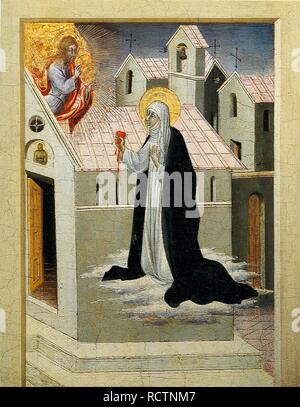 Christ and the H Catherine of Siena Saint Catherine of Siena kneeling  before Christ, they has crossed her hands over her chest. On the ground, a  book and a lily branch. Christ