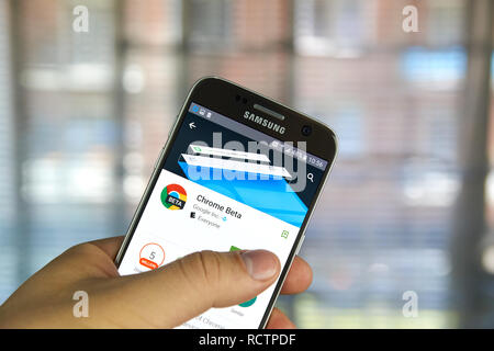 MONTREAL, CANADA - MAY 23, 2016 : Google Chrome beta application on Samsung S7 screen. Google Chrome is a freeware web browser developed by Google. Stock Photo