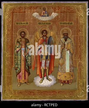 Three Selected Saints: Prince Michael of Chernigov, Michael the Archangel and Anatolius of Constantinople. Museum: PRIVATE COLLECTION. Author: Russian icon. Stock Photo