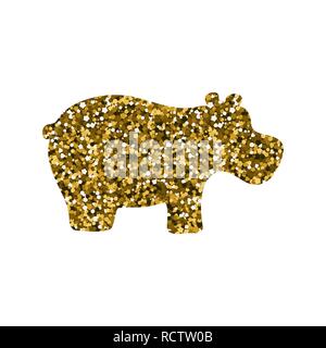 Silhouette of a hippopotamus. Vector illustration. Simple icon. Gold sequins. Stock Vector
