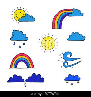 Set of cartoon icons on the theme of weather. Vector illustration Stock Vector
