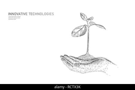 Hands holding plant sprout ecological abstract concept. 3D render seedling tree leaves. Save planet nature environment grow life eco polygon triangles low poly vector illustration Stock Vector