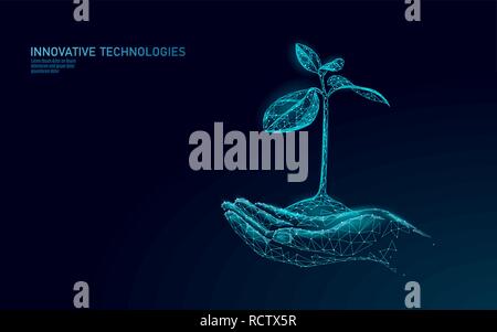 Hands holding plant sprout ecological abstract concept. 3D render seedling tree leaves. Save planet nature environment grow life eco polygon triangles low poly vector illustration Stock Vector