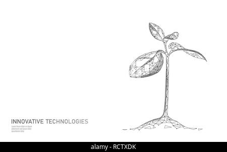 Plant sprout ecological abstract concept. 3D render seedling tree leaves. Save planet nature environment grow life eco polygon triangles low poly vector illustration Stock Vector