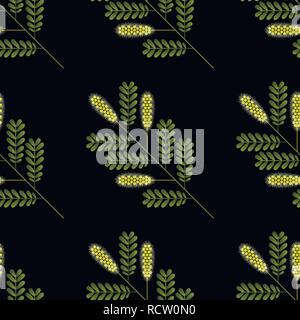 Honey Mesquite Branch. Prosopis glandulosa. Leaves and flowers. Vector illustration of geometric cartoon style. Seamless pattern Stock Vector
