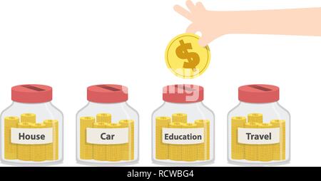 Illustration vector saving money with jar to spend for something like home repairs, car payment, education, expenses for travel, and so on. Finance Co Stock Vector