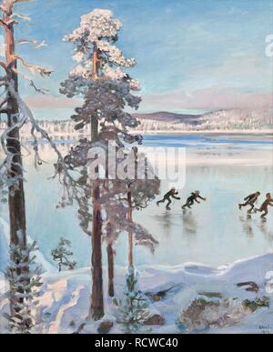 Skaters near the shore of Kalela. Museum: PRIVATE COLLECTION. Author: GALLEN-KALLELA, AKSELI. Stock Photo