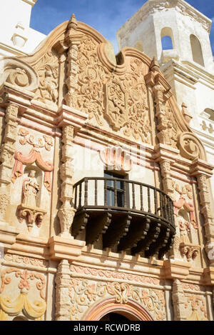 Architectural details of the historical Mission San Xavier del Bac, a Spanish Catholic Mission near Tucson, AZ Stock Photo