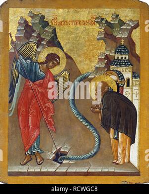 The Miracle of the Archangel Michael at Chonae. Museum: State Open-air Museum of History and Architecture Novgorodian Kremlin, Novgorod. Author: Russian icon. Stock Photo