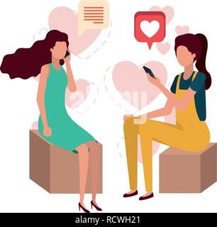 women sitting with smartphone and heart character Stock Vector