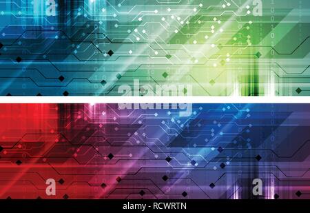 Bright abstract technology banners with circuit board and binary system code. Vector headers design Stock Vector