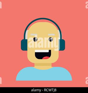 Elderly man having fun and listening music in headphones. Modern style cartoon character isolated on coral color. Stock Vector
