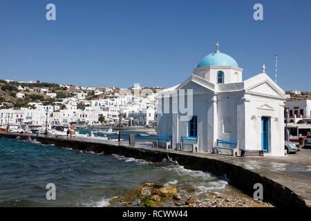 Church in the Bay of Mykonos, fishing harbor, old town, Mykonos, Greece, Europe Stock Photo