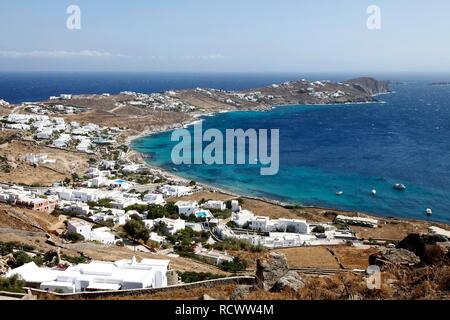 View over the bay with many villas of Ormos in the southwest of the island, Mykonos, Greece, Europe Stock Photo